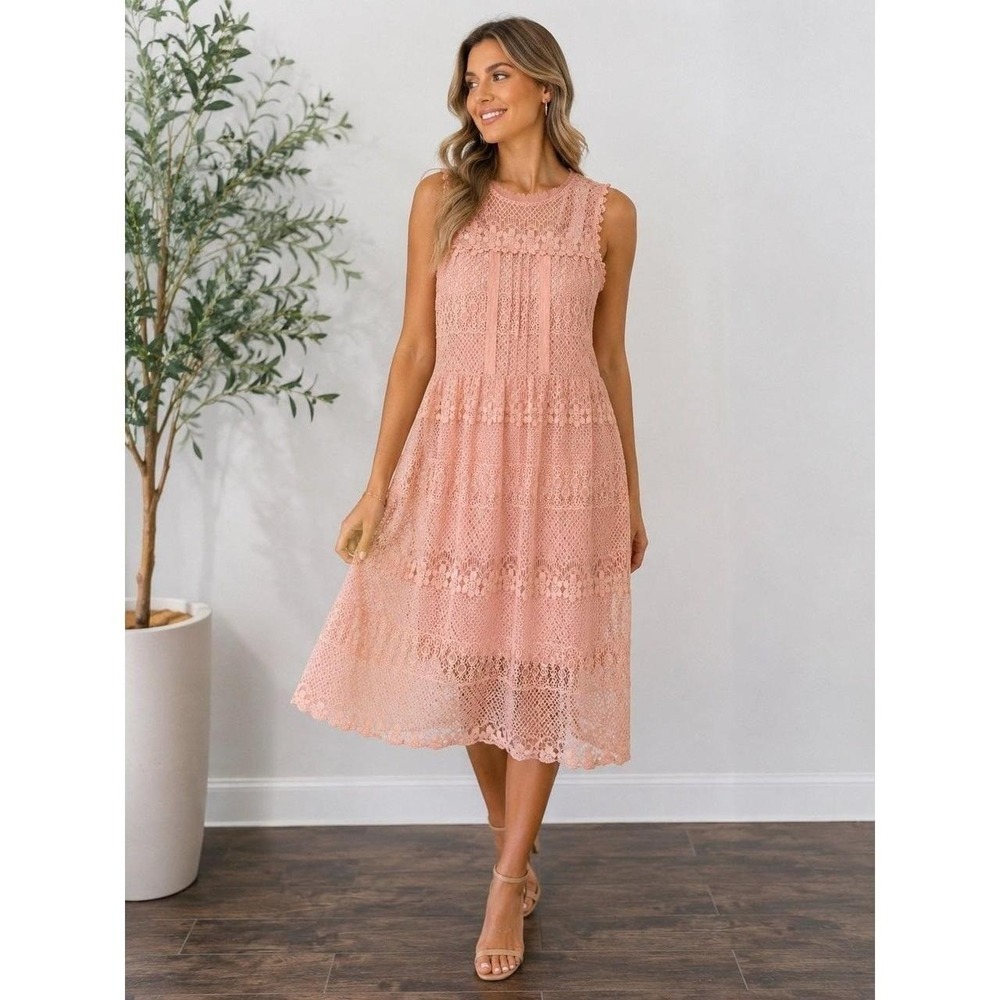 Xhilaration Pink Lace Sleeveless Midi Dress Tie Back Floral Tiered Large